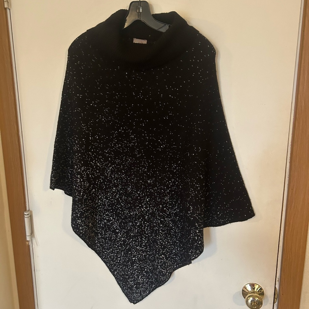 Chico's Black Silver Speckled Cowl Neck Knit Poncho S/M Holiday Cover Up